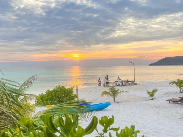 Koh Rong island white sand beach at sunset